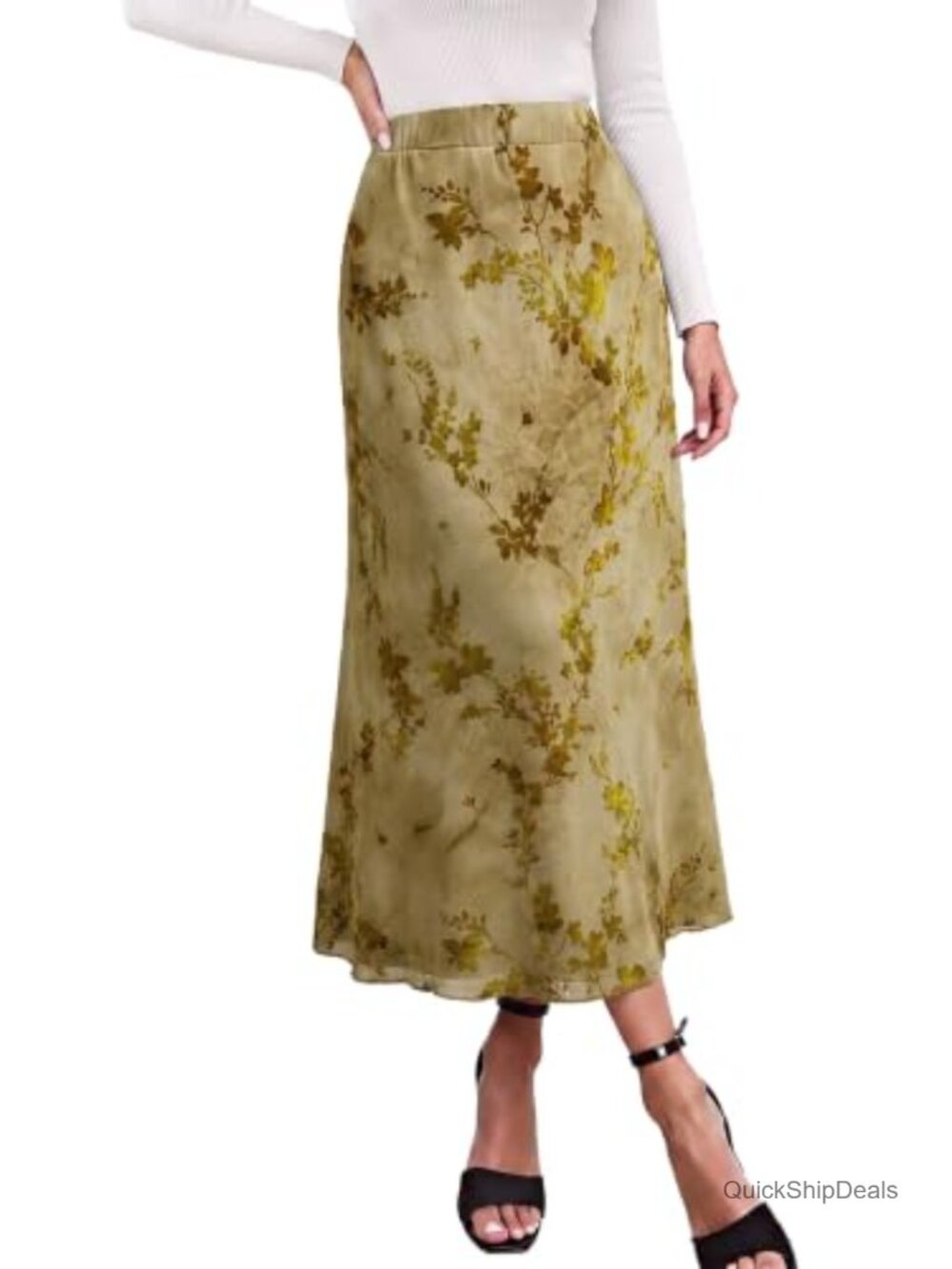 Women's Mesh Floral Midi Skirt A-Line High Waist Y2K Gothic